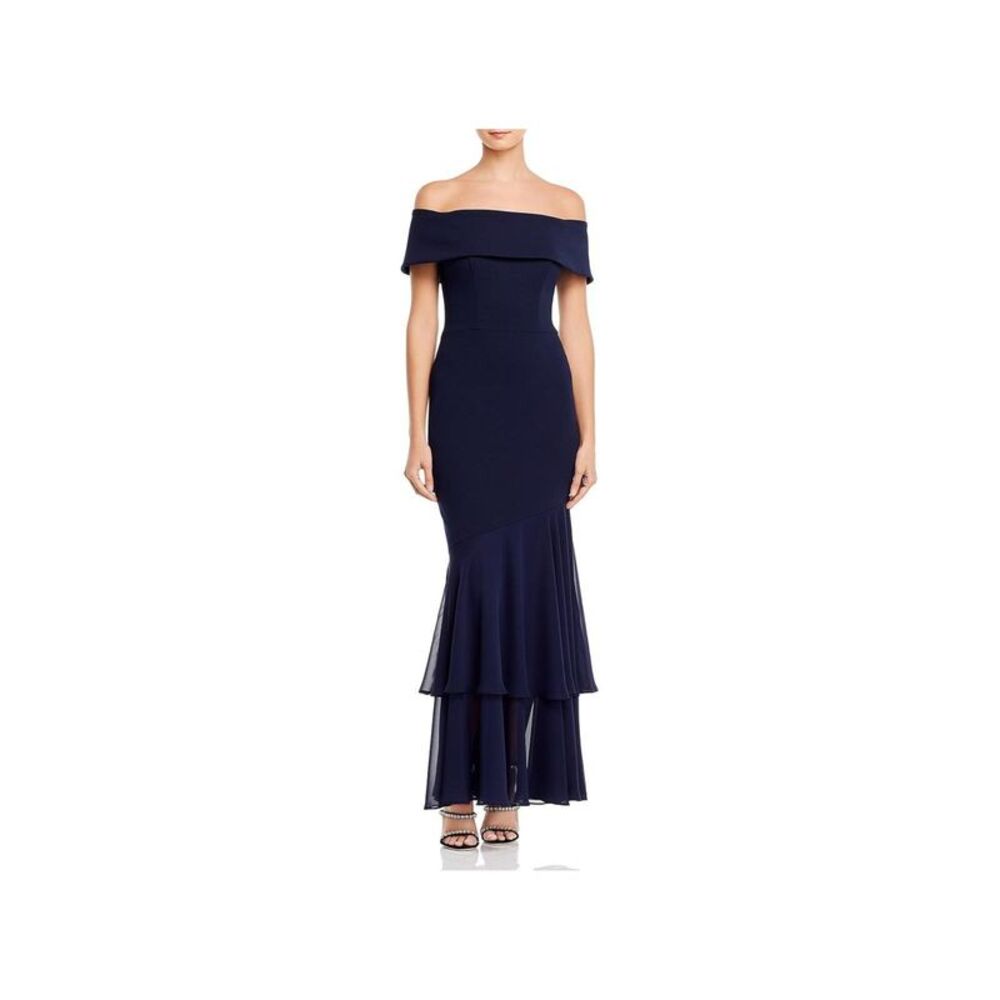 AQUA FORMAL Womens Navy Layered Short Sleeve Full-Length Formal Mermaid Dress 2